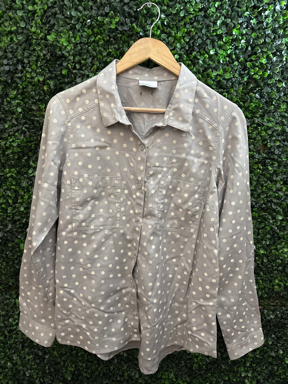 Columbia, Long Sleeve, Gray Polka Dot Button Down, Women’s Size L